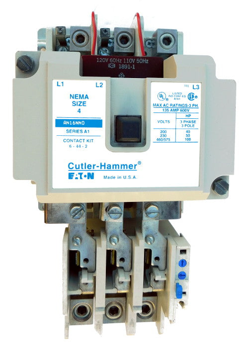 AN16NN0A Magnetic Motor Starter, Nema Size 4, 135 Amps, 3 Poles, 120VAC Coil, Full Voltage 600VAC, Type A Overload Relay Standard, Open Style No Enclosure, Across the Line Starting and Stopping, Single Speed, Non-Reversing, Max HP Ratings (3 Phase): 40 @ 208VAC, 50 @ 240VAC, 100 @ 480VAC, 100 @ 600VAC. New Surplus and Certified Reconditioned with 1 Year Warranty.