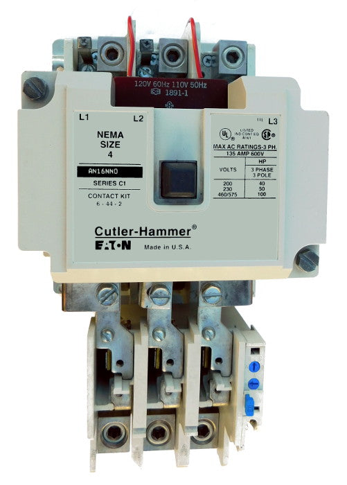 AN16NN0AC Magnetic Motor Starter, Nema Size 4, 135 Amps, 3 Poles, 120VAC Coil, Full Voltage 600VAC, Type C Overload Relay Standard, Open Style No Enclosure, Across the Line Starting and Stopping, Single Speed, Non-Reversing, Max HP Ratings (3 Phase): 40 @ 208VAC, 50 @ 240VAC, 100 @ 480VAC, 100 @ 600VAC. New Surplus and Certified Reconditioned with 1 Year Warranty.
