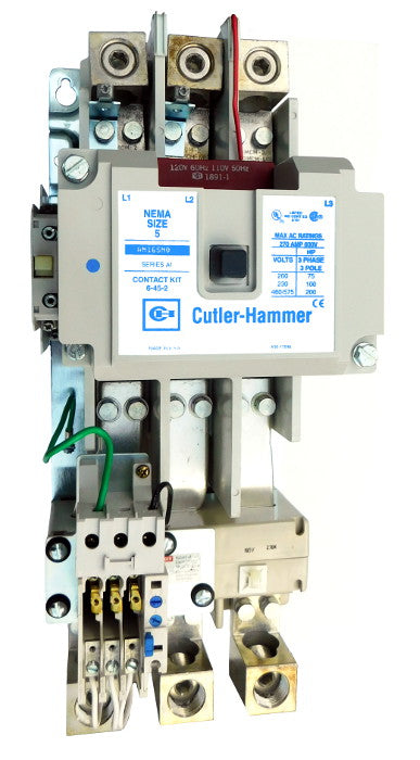 AN16SN0A Magnetic Motor Starter, Nema Size 5, 270 Amps, 3 Poles, 120VAC Coil, Full Voltage 600VAC, Type A Overload Relay Standard, Open Style No Enclosure, Across the Line Starting and Stopping, Single Speed, Non-Reversing, Max HP Ratings (3 Phase): 75 @ 208VAC, 100 @ 240VAC, 200 @ 480VAC, 200 @ 600VAC. New Surplus and Certified Reconditioned with 1 Year Warranty.