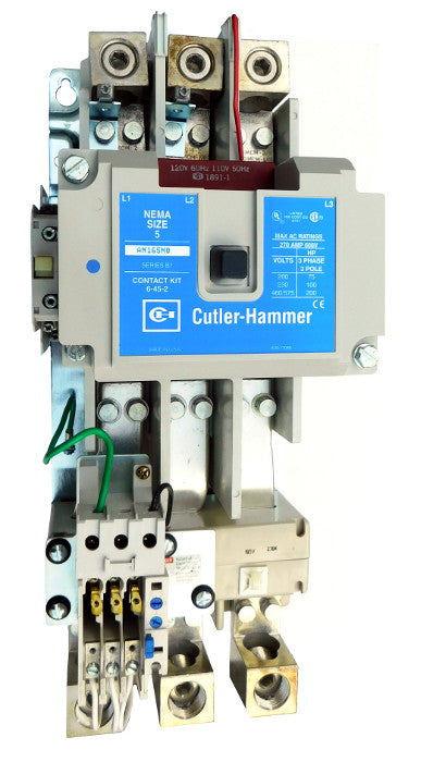 AN16SN0AB Magnetic Motor Starter, Nema Size 5, 270 Amps, 3 Poles, 120VAC Coil, Full Voltage 600VAC, Type B Overload Relay Standard, Open Style No Enclosure, Across the Line Starting and Stopping, Single Speed, Non-Reversing, Max HP Ratings (3 Phase): 75 @ 208VAC, 100 @ 240VAC, 200 @ 480VAC, 200 @ 600VAC. New Surplus and Certified Reconditioned with 1 Year Warranty.