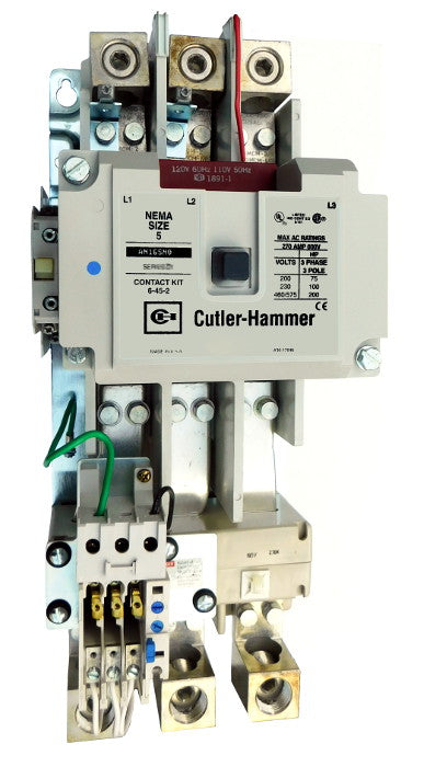 AN16SN0AC Magnetic Motor Starter, Nema Size 5, 270 Amps, 3 Poles, 120VAC Coil, Full Voltage 600VAC, Type C Overload Relay Standard, Open Style No Enclosure, Across the Line Starting and Stopping, Single Speed, Non-Reversing, Max HP Ratings (3 Phase): 75 @ 208VAC, 100 @ 240VAC, 200 @ 480VAC, 200 @ 600VAC. New Surplus and Certified Reconditioned with 1 Year Warranty.