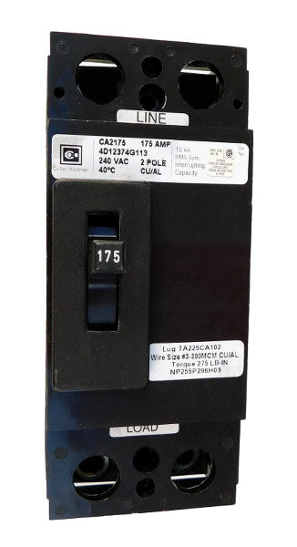 CA2225X CA Frame Style, Molded Case Circuit Breaker, Thermal Magnetic Fixed Trip Unit, 225 Ampere at 40 Degree Celsius, 2 Pole, 240VAC @ 50/60HZ, Interrupting Rating: 10 Kiloampere @ 240VAC, Load End Terminals Standard. New Surplus and Certified Reconditioned with 1 Year Warranty.