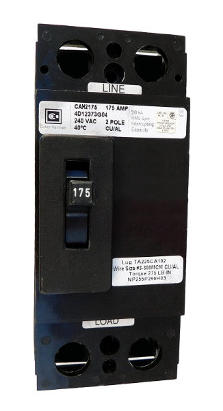 CAH2200W CAH Frame Style, Molded Case Circuit Breaker, Thermal Magnetic Fixed Trip Unit, 200 Ampere at 40 Degree Celsius, 2 Pole, 240VAC @ 50/60HZ, High Interrupting Style, Interrupting Rating: 20 Kiloampere @ 240VAC, Without Terminals Standard. New Surplus and Certified Reconditioned with 1 Year Warranty.