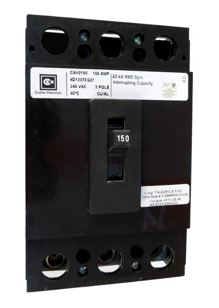 CAH3150X CAH Frame Style, Molded Case Circuit Breaker, Thermal Magnetic Fixed Trip Unit, 150 Ampere at 40 Degree Celsius, 3 Pole, 240VAC @ 50/60HZ, High Interrupting Style, Interrupting Rating: 20 Kiloampere @ 240VAC,Load End Terminals Standard. New Surplus and Certified Reconditioned with 1 Year Warranty.