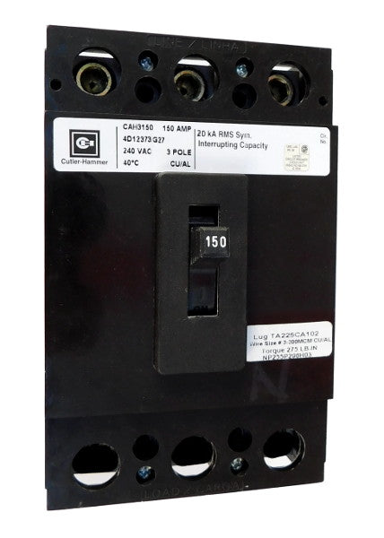 CAH3125Y CAH Frame Style, Molded Case Circuit Breaker, Thermal Magnetic Fixed Trip Unit, 125 Ampere at 40 Degree Celsius, 3 Pole, 240VAC @ 50/60HZ, High Interrupting Style, Interrupting Rating: 20 Kiloampere @ 240VAC, Line End Terminals Standard. New Surplus and Certified Reconditioned with 1 Year Warranty.