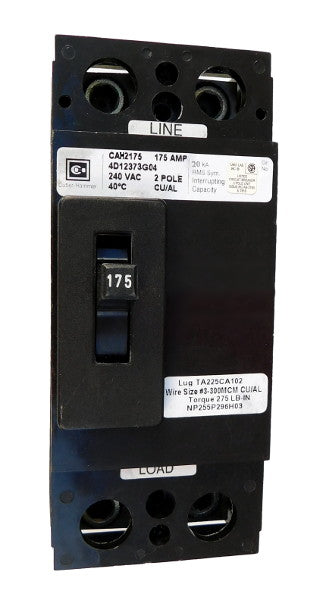 CAH2175 CAH Frame Style, Molded Case Circuit Breaker, Thermal Magnetic Fixed Trip Unit, 175 Ampere at 40 Degree Celsius, 2 Pole, 240VAC @ 50/60HZ, High Interrupting Style, Interrupting Rating: 20 Kiloampere @ 240VAC, Line and Load End Terminals Standard. New Surplus and Certified Reconditioned with 1 Year Warranty.