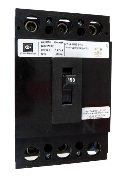 CAH3200 CAH Frame Style, Molded Case Circuit Breaker, Thermal Magnetic Fixed Trip Unit, 200 Ampere at 40 Degree Celsius, 3 Pole, 240VAC @ 50/60HZ, High Interrupting Style, Interrupting Rating: 20 Kiloampere @ 240VAC, Line and Load End Terminals Standard. New Surplus and Certified Reconditioned with 1 Year Warranty.