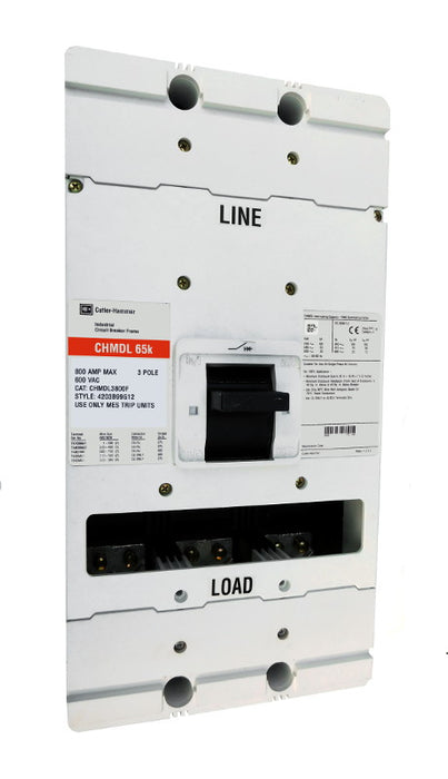 CHMDL3800F (Frame Only) CHMDL Frame Style, Molded Case Circuit Breaker Frame, High Interrupting Capacity, 100% Rated, Frame Only (No Trip Unit Included, Uses Electronic Trip Units Only), 3 Pole, 800VAC @ 50/60HZ. New Surplus and Certified Reconditioned with 1 Year Warranty.