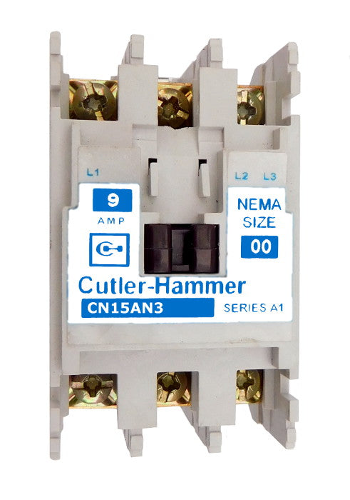 CN15AN3A Magnetic Motor Contactor, A Series, NEMA Size 00, 9 Amps, 3 Poles, 120V AC Coil, Full Voltage 600VAC, Open Style No Enclosure, Non-Reversing, Max HP Ratings: 1 1/2 @ 208VAC, 1 1/2 @ 240VAC, 2 @ 480VAC, 2 @ 600VAC, Line and Load End Terminals Standard. New Surplus and Certified Reconditioned with 1 Year Warranty.