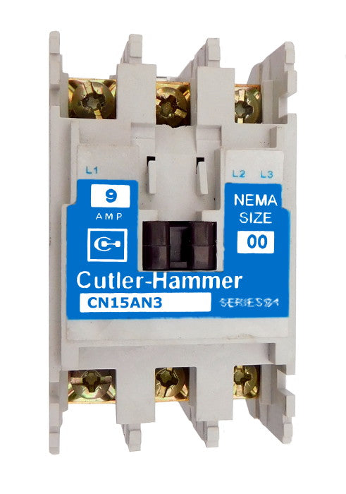 CN15AN3AB Magnetic Motor Contactor, B Series, NEMA Size 00, 9 Amps, 3 Poles, 120V AC Coil, Full Voltage 600VAC, Open Style No Enclosure, Non-Reversing, Max HP Ratings: 1 1/2 @ 208VAC, 1 1/2 @ 240VAC, 2 @ 480VAC, 2 @ 600VAC, Line and Load End Terminals Standard. New Surplus and Certified Reconditioned with 1 Year Warranty.