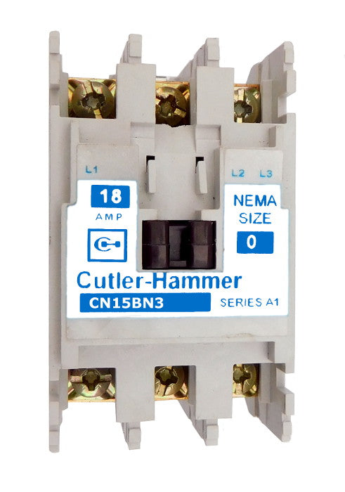 CN15BN3A Magnetic Motor Contactor, A Series, NEMA Size 0, 18 Amps, 3 Poles, 120V AC Coil, Full Voltage 600VAC, Open Style No Enclosure, Non-Reversing, Max HP Ratings: 3 @ 208VAC, 3 @ 240VAC, 5 @ 480VAC, 5 @ 600VAC, Line and Load End Terminals Standard. New Surplus and Certified Reconditioned with 1 Year Warranty.