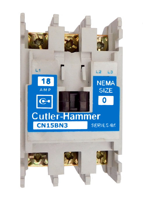 CN15BN3AB Magnetic Motor Contactor, B Series, NEMA Size 0, 18 Amps, 3 Poles, 120V AC Coil, Full Voltage 600VAC, Open Style No Enclosure, Non-Reversing, Max HP Ratings: 3 @ 208VAC, 3 @ 240VAC, 5 @ 480VAC, 5 @ 600VAC. New Surplus and Certified Reconditioned with 1 Year Warranty.