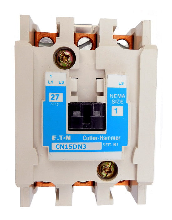 CN15DN3AB Magnetic Motor Contactor, B Series, NEMA Size 1, 27 Amps, 3 Poles, 120V AC Coil, Full Voltage 600VAC, Open Style No Enclosure, Non-Reversing, Max HP Ratings: 7 1/2 @ 208VAC, 7 1/2 @ 240VAC, 10 @ 480VAC, 10 @ 600VAC. New Surplus and Certified Reconditioned with 1 Year Warranty.
