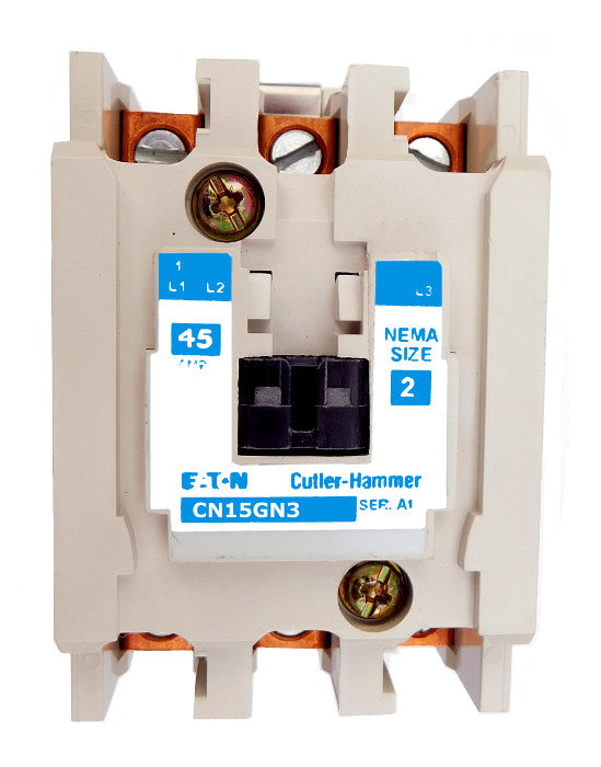 CN15GN3A Magnetic Motor Contactor, A Series, NEMA Size 2, 45 Amps, 3 Poles, 120V AC Coil, Full Voltage 600VAC, Open Style No Enclosure, Non-Reversing, Max HP Ratings: 10 @ 208VAC, 15 @ 240VAC, 25 @ 480VAC, 25 @ 600VAC. New Surplus and Certified Reconditioned with 1 Year Warranty.