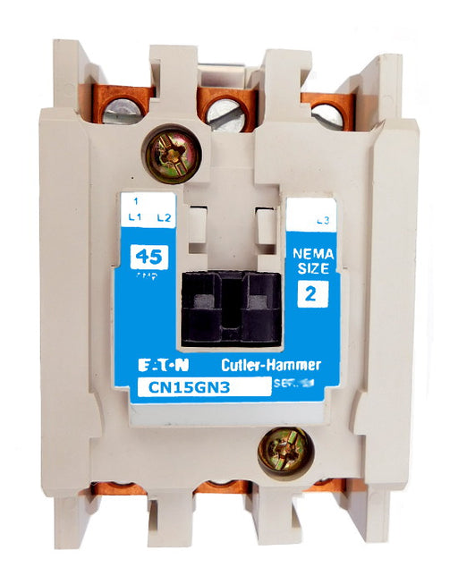 CN15GN3AB Magnetic Motor Contactor, B Series, NEMA Size 2, 45 Amps, 3 Poles, 120V AC Coil, Full Voltage 600VAC, Open Style No Enclosure, Non-Reversing, Max HP Ratings: 10 @ 208VAC, 15 @ 240VAC, 25 @ 480VAC, 25 @ 600VAC, Line and Load End Terminals Standard. New Surplus and Certified Reconditioned with 1 Year Warranty.