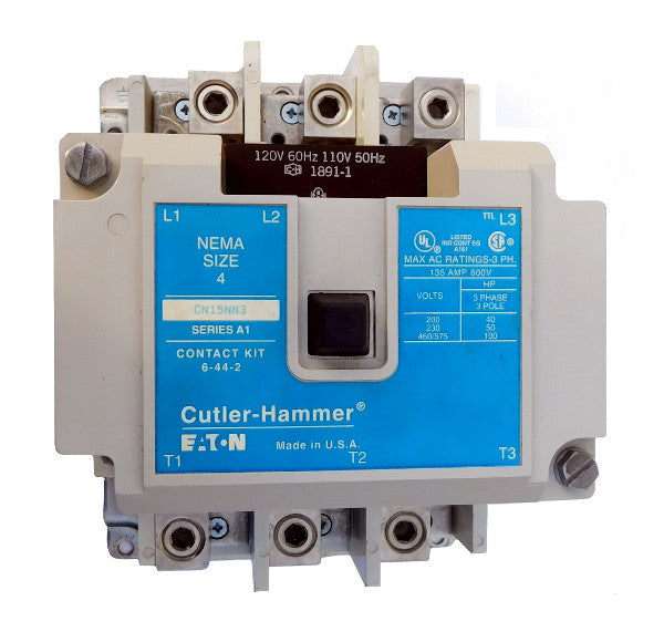 CN15NN3AB Magnetic Motor Contactor, B Series, NEMA Size 4, 135 Amps, 3 Poles, 120V AC Coil, Full Voltage 600VAC, Open Style No Enclosure, Non-Reversing, Max HP Ratings: 40 @ 208VAC, 50 @ 240VAC, 100 @ 480VAC, 100 @ 600VAC. New Surplus and Certified Reconditioned with 1 Year Warranty.