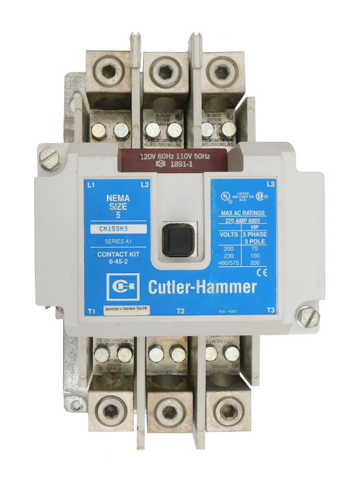 CN15SN3AB Magnetic Motor Contactor, B Series, NEMA Size 5, 270 Amps, 3 Poles, 120V AC Coil, Full Voltage 600VAC, Open Style No Enclosure, Non-Reversing, Max HP Ratings: 75 @ 208VAC, 100 @ 240VAC, 200 @ 480VAC, 200 @ 600VAC. New Surplus and Certified Reconditioned with 1 Year Warranty.