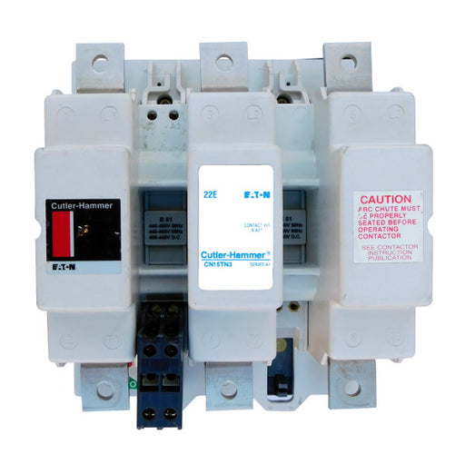 CN15TN3A Magnetic Motor Contactor, A Series, NEMA Size 6, 540 Amps, 3 Poles, 120V AC Coil, Full Voltage 600VAC, Open Style No Enclosure, Non-Reversing, Max HP Ratings: 150 @ 208VAC, 200 @ 240VAC, 400 @ 480VAC, 400 @ 600VAC, No Terminals Standard. New Surplus and Certified Reconditioned with 1 Year Warranty.
