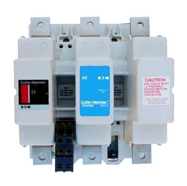 CN15TN3AB Magnetic Motor Contactor, B Series, NEMA Size 6, 540 Amps, 3 Poles, 120V AC Coil, Full Voltage 600VAC, Open Style No Enclosure, Non-Reversing, Max HP Ratings: 150 @ 208VAC, 200 @ 240VAC, 400 @ 480VAC, 400 @ 600VAC. New Surplus and Certified Reconditioned with 1 Year Warranty.