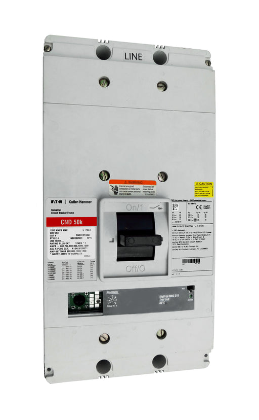 CND312T33W CND Frame Style, Molded Case Circuit Breaker, 100% Rated, Electronic Non-Interchangeable Trip Unit (Digitrip RMS 310), LS Trip Unit Functions, 1200 Ampere at 40 Degree Celsius, 3 Pole, 600VAC @ 50/60HZ, Interrupting Ratings: 65 Kiloampere @ 240VAC, 50 Kiloampere @ 480VAC, 25 Kiloampere @ 600VAC, Without Terminals. New Surplus and Certified Reconditioned with 1 Year Warranty.