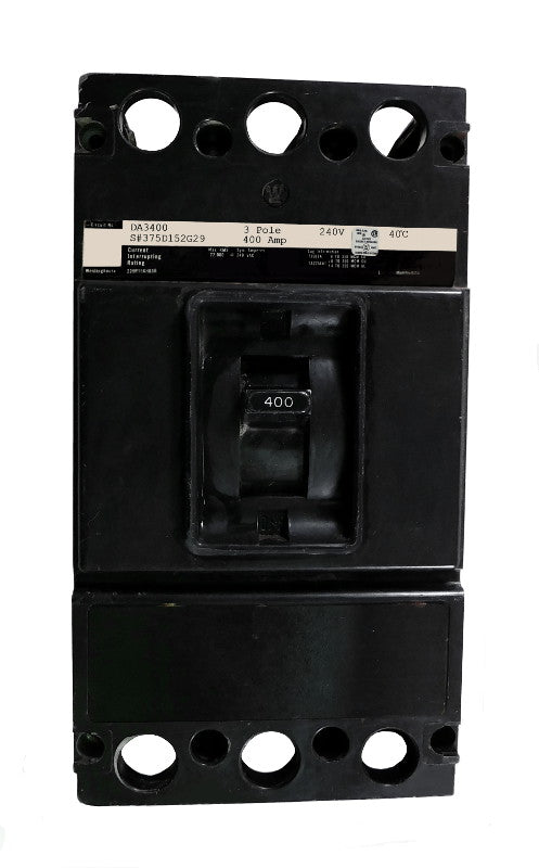 DA3400 DA Frame Style, Molded Case Circuit Breaker, Thermal Magnetic Non-Interchangeable Trip Unit, 400 Ampere at 40 Degree Celsius, 3 Pole, 240VAC @ 50/60HZ, Interrupting Ratings: 25 Kiloampere @ 240VAC, Without Terminals. New Surplus and Certified Reconditioned with 1 Year Warranty.