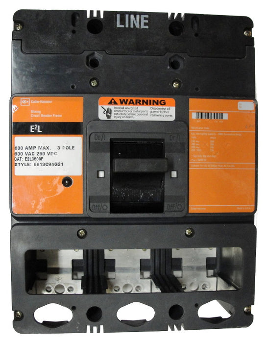 E2L3600F (Frame Only) E2L Frame Style, Molded Case Mining Circuit Breaker, Frame Only, 3 Pole, 600VAC @ 50/60HZ, Interrupting Ratings: 65 Kiloampere @ 240VAC, 35 Kiloampere @ 480VAC, 25 Kiloampere @ 600VAC, 22 Kiloampere @ 250VDC. 1 Year Warranty. Hard to find customization options.