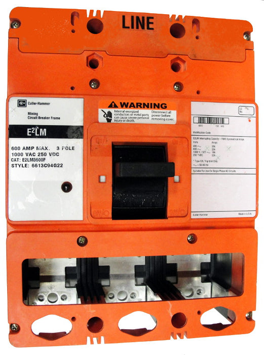 E2LM3600F (Frame Only) E2LM Frame Style, Molded Case Mining Circuit Breaker, Frame Only, 3 Pole, 1000VAC @ 50/60HZ, Interrupting Ratings: 35 Kiloampere @ 480VAC, 25 Kiloampere @ 600VAC, 18 Kiloampere @ 1000VAC, 22 Kiloampere @ 250VDC. 1 Year Warranty.
