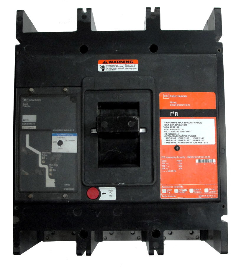 E2R316T32WU57 E2R Frame Style, Molded Case Mining Circuit Breaker, Non-Interchangeable Electronic Trip Unit, LSI Trip Unit Functions, 1600 Ampere Max at 40 Degree Celsius, 3 Pole, 600VAC @ 50/60HZ, Without Terminals Standard, U57 Option Includes: [380-500 VAC UVR Installed, Non LED, Right Pole Mounted, Exiting Right]. 1 Year Warranty.