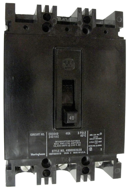 EB3030L EB Frame Style, Molded Case Circuit Breaker, Thermal Magnetic Non-interchangeable Trip Unit, 30 Ampere at 40 Degree Celsius, 3 Pole, 240VAC @ 50/60HZ, Interrupting Ratings: 10 Kiloampere @ 240 VAC, 5 Kiloampere @ 125/250 VDC. New Surplus and Certified Reconditioned with 1 Year Warranty.