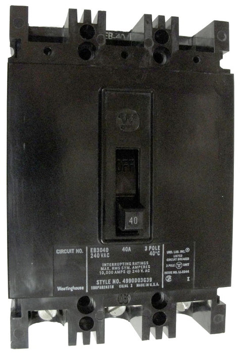 EB3035L EB Frame Style, Molded Case Circuit Breaker, Thermal Magnetic Non-interchangeable Trip Unit, 35 Ampere at 40 Degree Celsius, 3 Pole, 240VAC @ 50/60HZ, Interrupting Ratings: 10 Kiloampere @ 240 VAC, 5 Kiloampere @ 125/250 VDC. New Surplus and Certified Reconditioned with 1 Year Warranty.