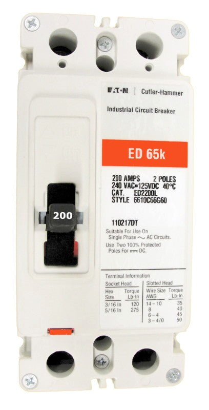 ED2200L ED Frame Style, Molded Case Circuit Breaker, Thermal Magnetic Non-interchangeable Trip Unit, 200 Ampere at 40 Degree Celsius, 2 Pole, 240VAC @ 50/60HZ, Line and Load End Terminals Standard. New Surplus and Certified Reconditioned with 1 Year Warranty.