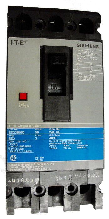 ED23B040 ED Frame Style, Molded Case Circuit Breaker, Thermal Magnetic Non-interchangeable Trip Unit, 40 Ampere at 40 Degree Celsius, 3 Pole, 240VAC @ 50/60HZ, Interrupting Ratings: 10 Kiloampere @ 240VAC. New Surplus and Certified Reconditioned with 1 Year Warranty.