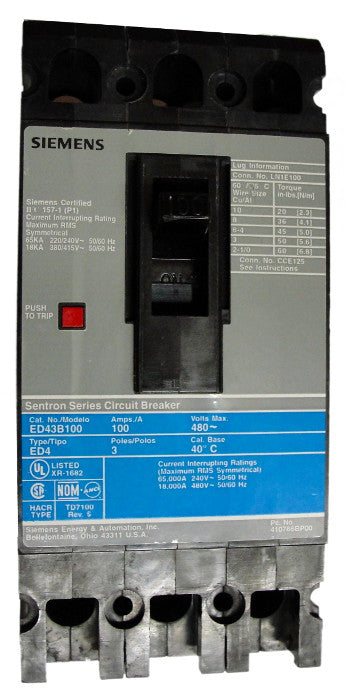 ED43B045 ED Frame Style, Molded Case Circuit Breaker, Thermal Magnetic Non-interchangeable Trip Unit, 45 Ampere at 40 Degree Celsius, 3 Pole, 240VAC and 480VAC @ 50/60HZ. New Surplus and Certified Reconditioned with 1 Year Warranty.