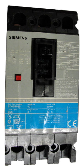 ED63B030 ED Frame Style, Molded Case Circuit Breaker, Thermal Magnetic Non-interchangeable Trip Unit, 30 Ampere at 40 Degree Celsius, 3 Pole, 240VAC, 480VAC, and 600VAC @ 50/60HZ. New Surplus and Certified Reconditioned with 1 Year Warranty.