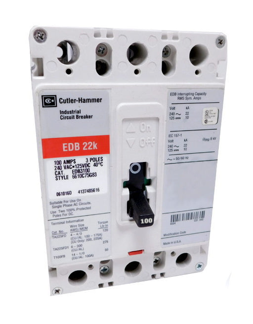 EDB3100 EDB Frame Style, Molded Case Circuit Breaker, Thermal Magnetic Non-interchangeable Trip Unit, 100 Ampere at 40 Degree Celsius, 3 Pole, 240VAC @ 50/60HZ. New Surplus and Certified Reconditioned with 1 Year Warranty.