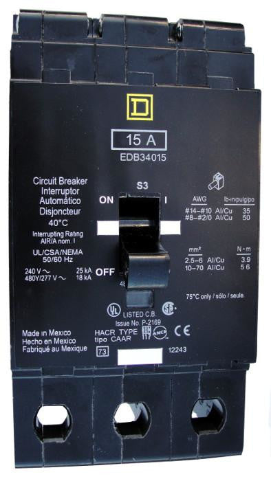 EDB34015 EDB Frame Style, Molded Case Circuit Breaker, Thermal Magnetic Non-interchangeable Trip Unit, VISI-TRIP Feature, 15 Ampere at 40 Degree Celsius, 3 Pole, 240 VAC, 480Y/277 VAC, Load End Terminals Standard. New Surplus and Certified Reconditioned with 1 Year Warranty.