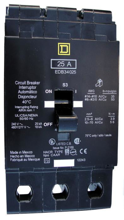 EDB34025 EDB Frame Style, Molded Case Circuit Breaker, Thermal Magnetic Non-interchangeable Trip Unit, VISI-TRIP Feature, 25 Ampere at 40 Degree Celsius, 3 Pole, 240 VAC, 480Y/277 VAC, Load End Terminals Standard. New Surplus and Certified Reconditioned with 1 Year Warranty.
