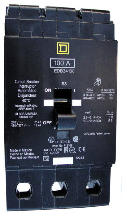 EDB34100 EDB Frame Style, Molded Case Circuit Breaker, Thermal Magnetic Non-interchangeable Trip Unit, VISI-TRIP Feature, 100 Ampere at 40 Degree Celsius, 3 Pole, 240 VAC, 480Y/277 VAC, Load End Terminals Standard. New Surplus and Certified Reconditioned with 1 Year Warranty.