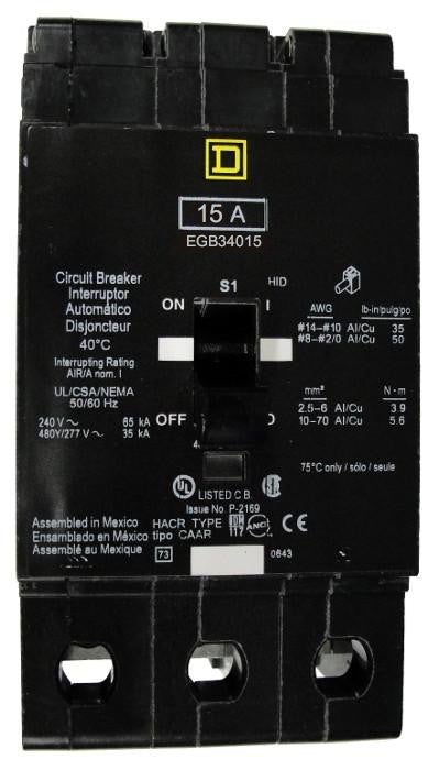 EGB34015 EGB Frame Style, Molded Case Circuit Breaker, Thermal Magnetic Non-interchangeable Trip Unit, VISI-TRIP Feature, 15 Ampere at 40 Degree Celsius, 3 Pole, 240 VAC, 480Y/277 VAC, Load End Terminals Standard. New Surplus and Certified Reconditioned with 1 Year Warranty.