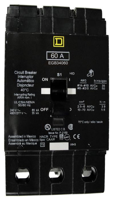 EGB34060 EGB Frame Style, Molded Case Circuit Breaker, Thermal Magnetic Non-interchangeable Trip Unit, VISI-TRIP Feature, 60 Ampere at 40 Degree Celsius, 3 Pole, 240 VAC, 480Y/277 VAC, Load End Terminals Standard. New Surplus and Certified Reconditioned with 1 Year Warranty.