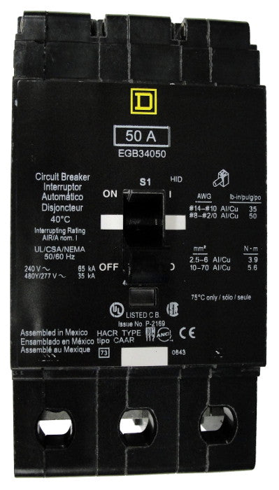 EGB34050 EGB Frame Style, Molded Case Circuit Breaker, Thermal Magnetic Non-interchangeable Trip Unit, VISI-TRIP Feature, 50 Ampere at 40 Degree Celsius, 3 Pole, 240 VAC, 480Y/277 VAC, Load End Terminals Standard. New Surplus and Certified Reconditioned with 1 Year Warranty.