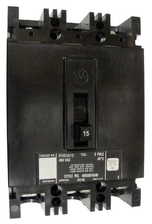 EHB3015L EHB Frame Style, Molded Case Circuit Breaker, Thermal Magnetic Non-interchangeable Trip Unit, 15 Ampere at 40 Degree Celsius, 3 Pole, 480 VAC @ 50/60HZ, Interrupting Ratings: 18 Kiloampere @ 240 VAC, 14 Kiloampere @ 480 VAC. New Surplus and Certified Reconditioned with 1 Year Warranty.