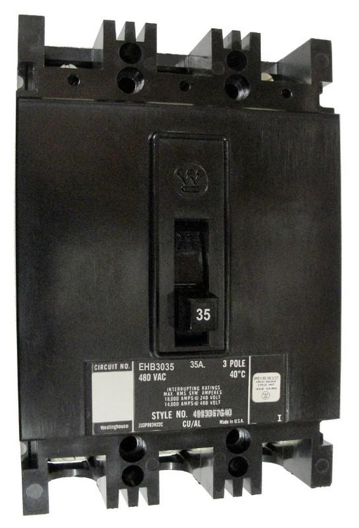 EHB3035L EHB Frame Style, Molded Case Circuit Breaker, Thermal Magnetic Non-interchangeable Trip Unit, 35 Ampere at 40 Degree Celsius, 3 Pole, 480 VAC @ 50/60HZ, Interrupting Ratings: 18 Kiloampere @ 240 VAC, 14 Kiloampere @ 480 VAC. New Surplus and Certified Reconditioned with 1 Year Warranty.