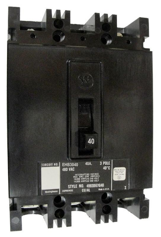 EHB3040L EHB Frame Style, Molded Case Circuit Breaker, Thermal Magnetic Non-interchangeable Trip Unit, 40 Ampere at 40 Degree Celsius, 3 Pole, 480 VAC @ 50/60HZ, Interrupting Ratings: 18 Kiloampere @ 240 VAC, 14 Kiloampere @ 480 VAC. New Surplus and Certified Reconditioned with 1 Year Warranty.