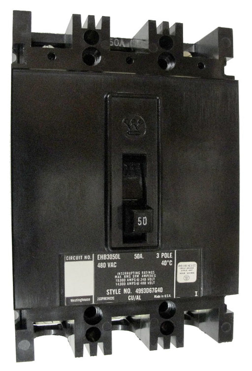 EHB3050L EHB Frame Style, Molded Case Circuit Breaker, Thermal Magnetic Non-interchangeable Trip Unit, 50 Ampere at 40 Degree Celsius, 3 Pole, 480 VAC @ 50/60HZ, Interrupting Ratings: 18 Kiloampere @ 240 VAC, 14 Kiloampere @ 480 VAC. New Surplus and Certified Reconditioned with 1 Year Warranty.