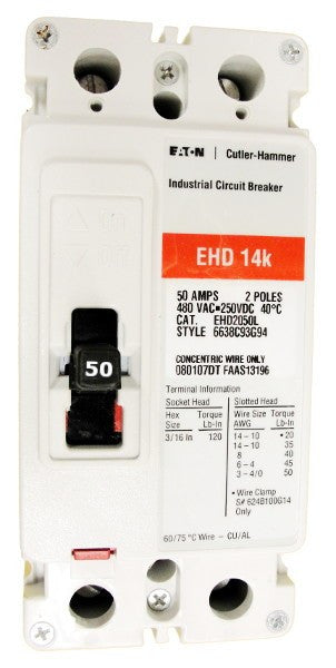 EHD2050L EHD Frame Style, Molded Case Circuit Breaker, Thermal Magnetic Non-interchangeable Trip Unit, 50 Ampere at 40 Degree Celsius, 2 Pole, 480VAC @ 50/60HZ, Line and Load End Terminals Standard. New Surplus and Certified Reconditioned with 1 Year Warranty.