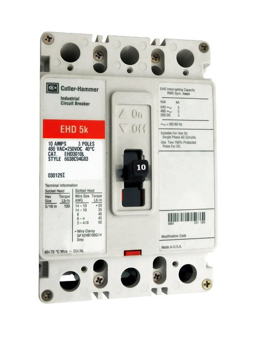 EHD3010L EHD Frame Style, Molded Case Circuit Breaker, Thermal Magnetic Non-interchangeable Trip Unit, 10 Ampere at 40 Degree Celsius, 3 Pole, 480VAC @ 50/60HZ, Line and Load End Terminals Standard. New Surplus and Certified Reconditioned with 1 Year Warranty.