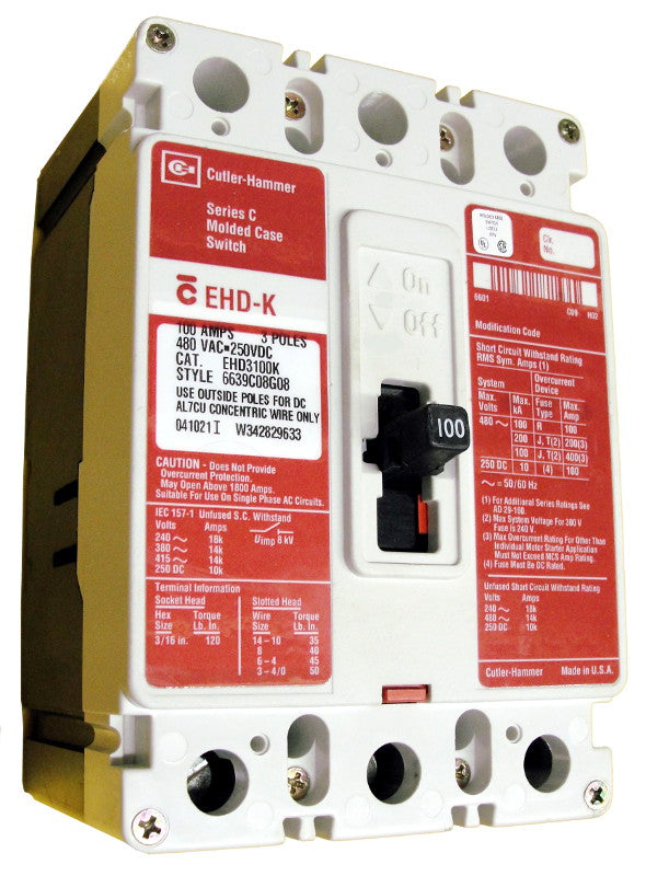 EHD3100K EHD Frame Style, High Magnetic Molded Case Switch, 100 Ampere at 40 Degree Celsius, 3 Pole, 480VAC @ 50/60HZ, Line and Load End Terminals Standard. New Surplus and Certified Reconditioned with 1 Year Warranty.
