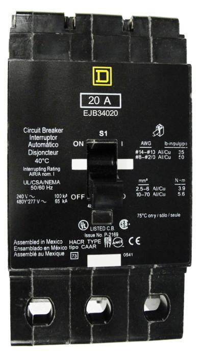 EJB34020 EJB Frame Style, Molded Case Circuit Breaker, Thermal Magnetic Non-interchangeable Trip Unit, VISI-TRIP Feature, 20 Ampere at 40 Degree Celsius, 3 Pole, 240 VAC, 480Y/277 VAC, Load End Terminals Standard. New Surplus and Certified Reconditioned with 1 Year Warranty.