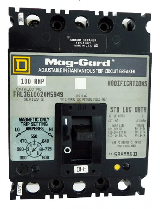 FAL3615024M FAL Frame Style, Molded Case Circuit Breaker, Magnetic Only Non-interchangeable Instantaneous Trip Unit, Motor Circuit Protection, 150 Ampere at 40 Degree Celsius, 3 Pole, Line and Load End Terminals Standard. New Surplus and Certified Reconditioned with 1 Year Warranty.